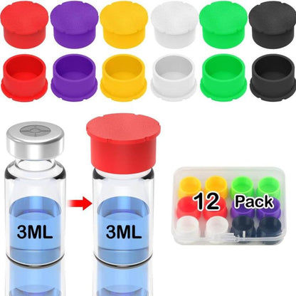12-pack reusable insulin bottle caps in mixed colors: red, purple, yellow, white, green, black