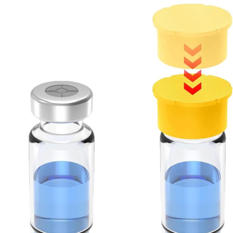 Reusable insulin bottle caps with gray tops, shown in red and yellow