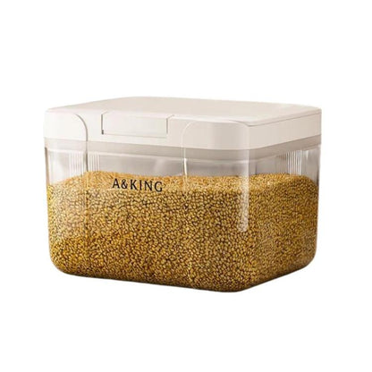 Transparent plastic cereal storage bucket with white press flip lid, filled with grains