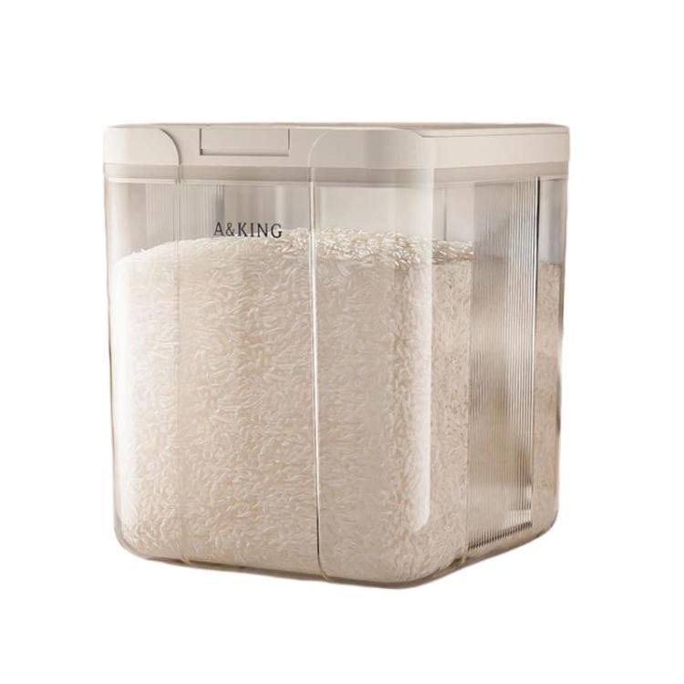 Transparent plastic cereal storage bucket with white press flip lid, filled with light flour