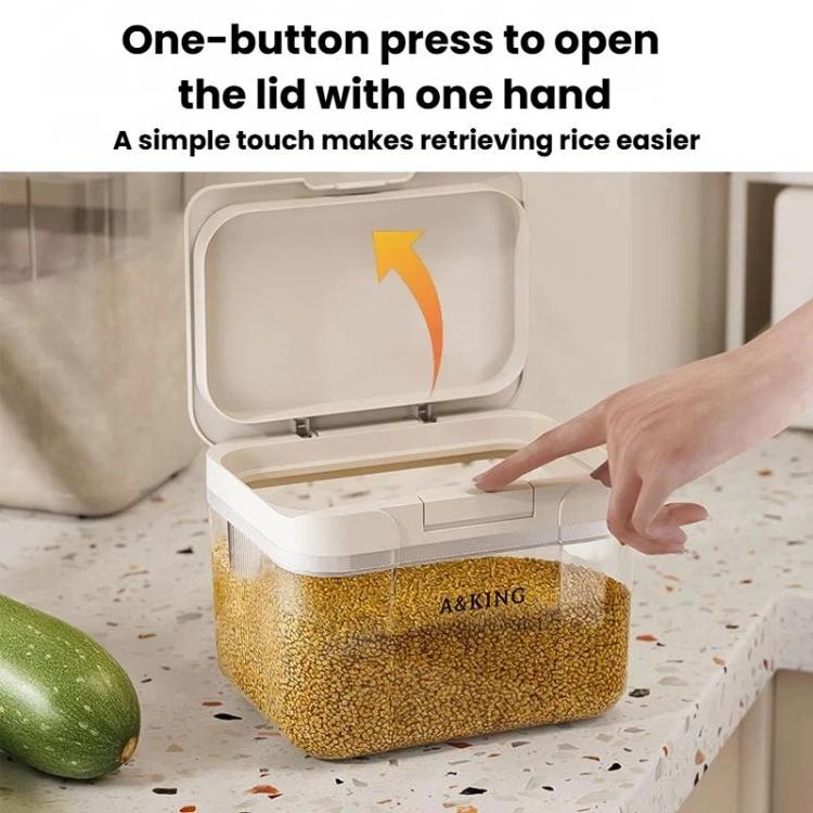 White press flip lid cereal container with one-hand button opening, showing hinged top