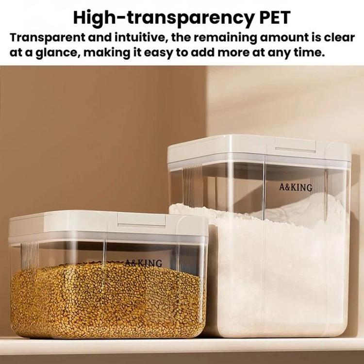 Transparent PET cereal storage buckets with white lids, showing dry ingredients inside