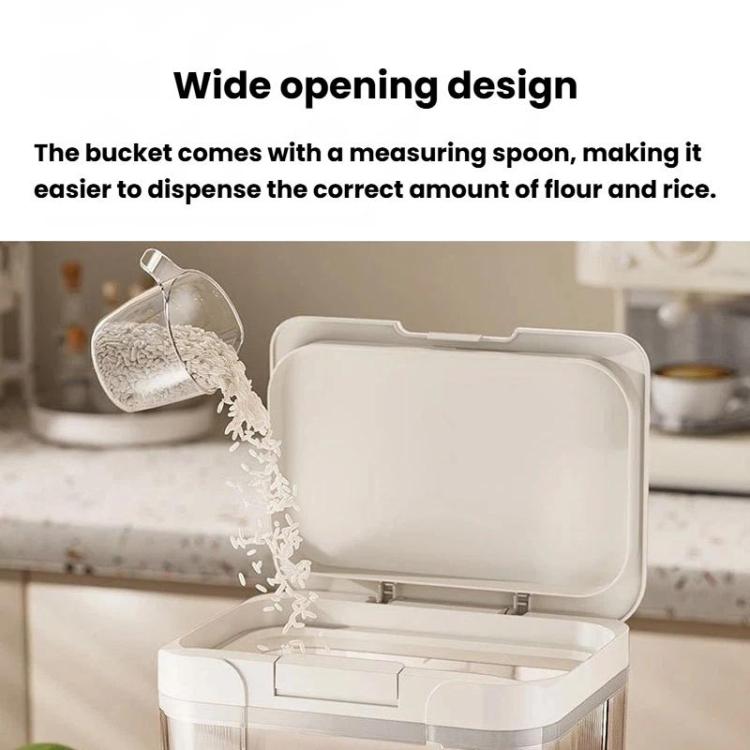 White cereal storage bucket with wide-open lid and measuring scoop resting inside