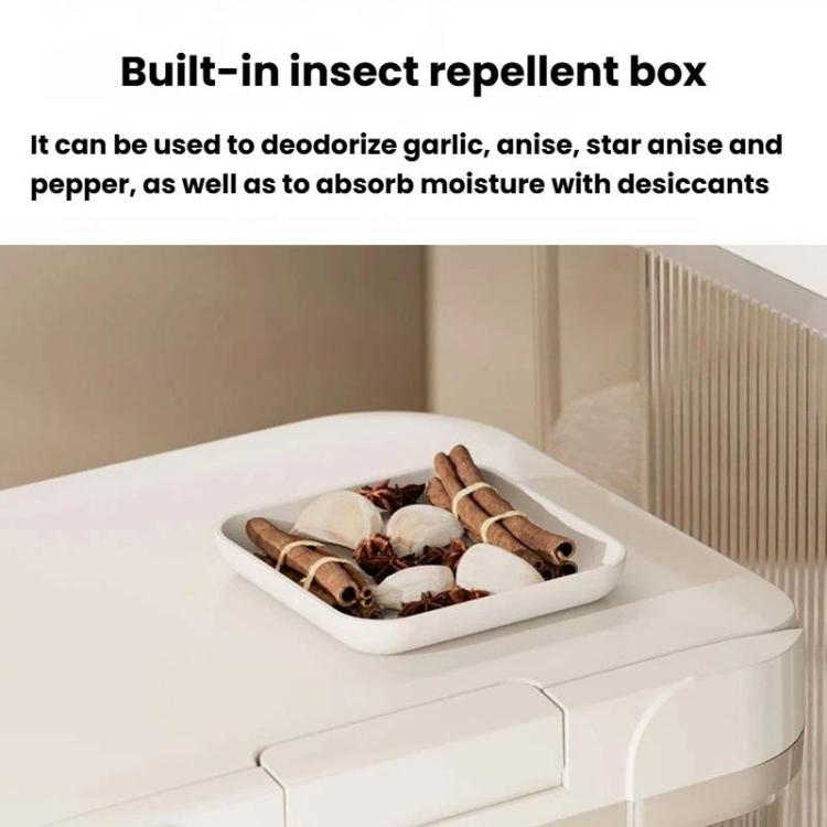 White cereal storage bucket with inset repellent box tray, holding dried spices inside