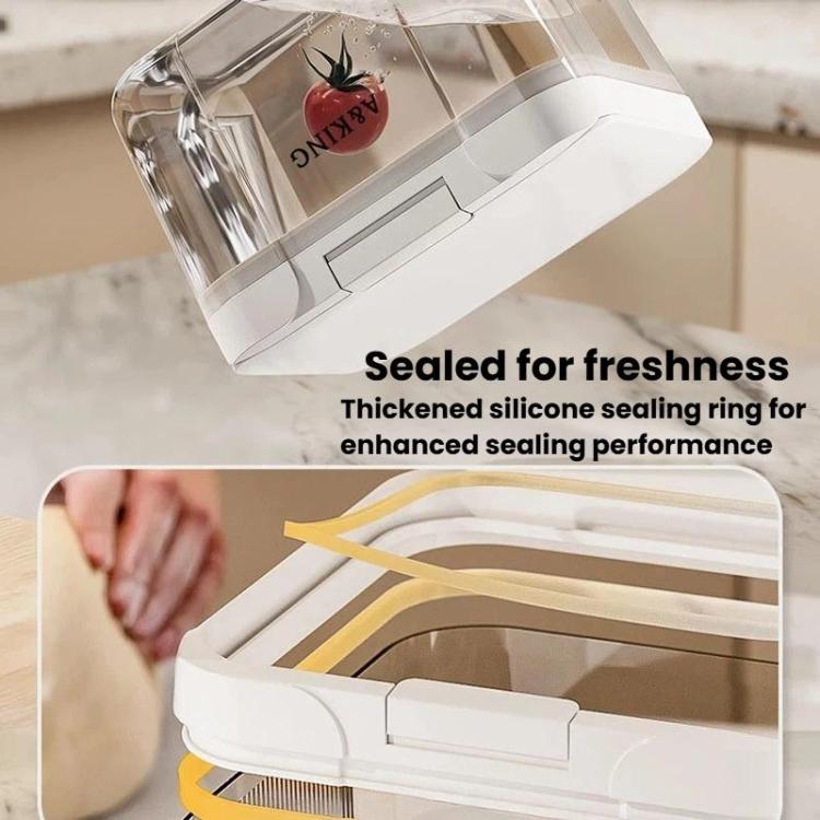 Clear rice storage container with white press-flip lid and silicone sealing rim