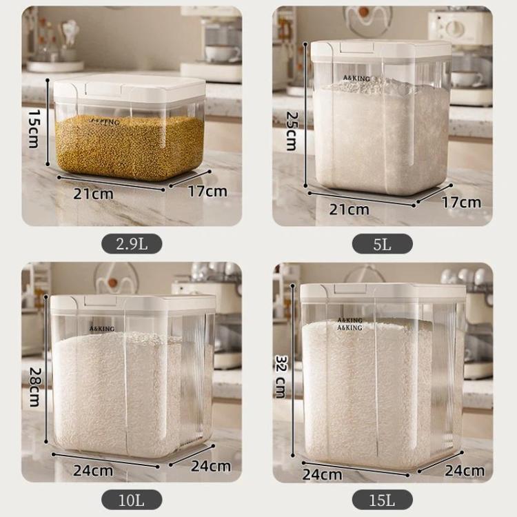 Clear cereal storage containers with white lids, shown in multiple sizes