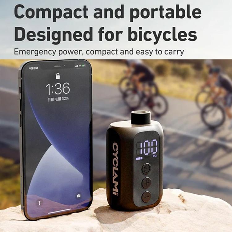 Compact electric bike air pump with digital PSI display on bottle-shaped body