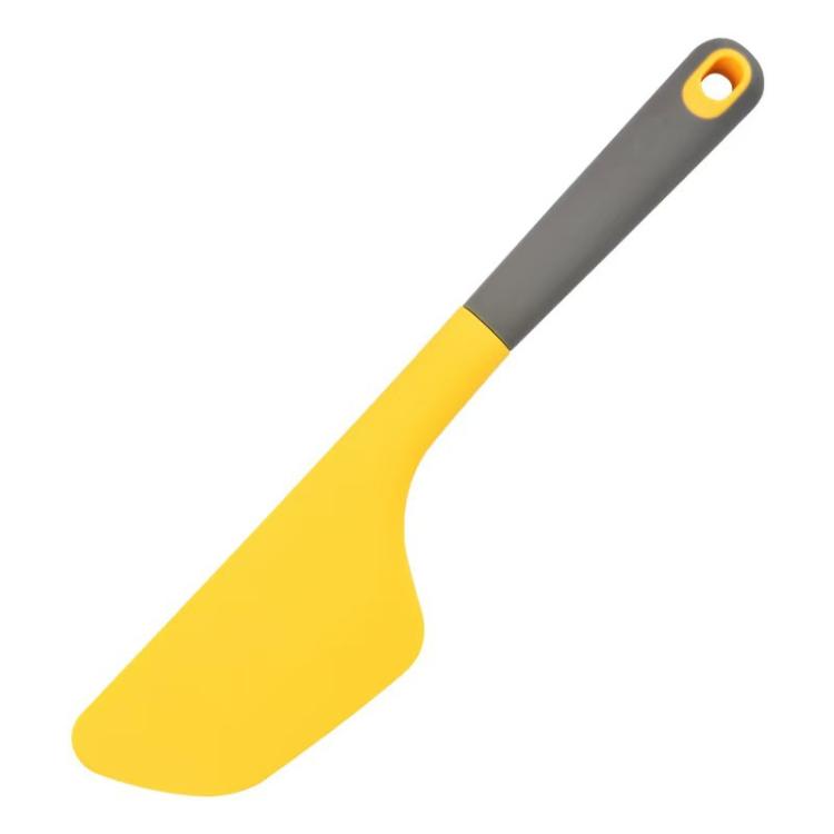 Yellow silicone baking spatula with grey handle and hanging hook hole