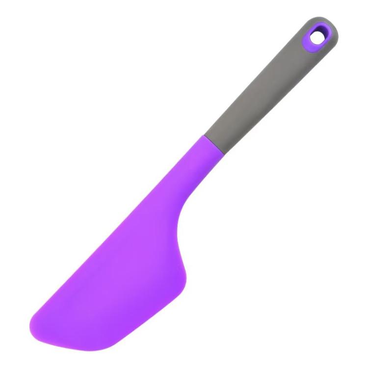 Purple silicone baking spatula with grey handle and hanging hook hole