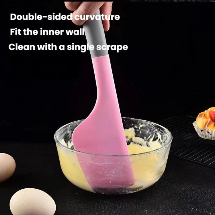 Pink silicone curved spatula on grey handle with hook hole for scraping batter