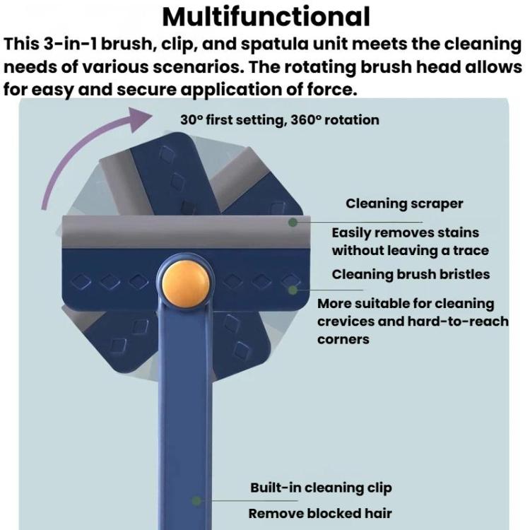 3-in-1 rotatable cleaning brush with scraper blade, bristles, and built-in clip
