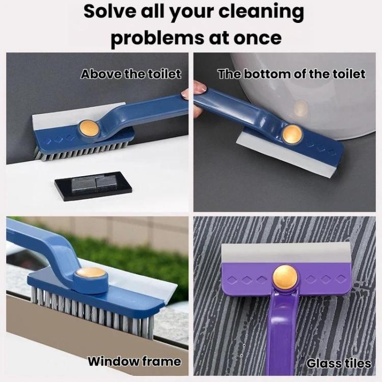 Rotating gap cleaning brush tool in blue with yellow knob and bristle scraper