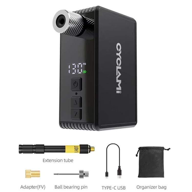 Portable electric bike air pump kit with extension tube, adapters, USB cable, and organizer bag