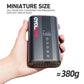 Mini electric air pump held in hand with digital pressure readout and control buttons