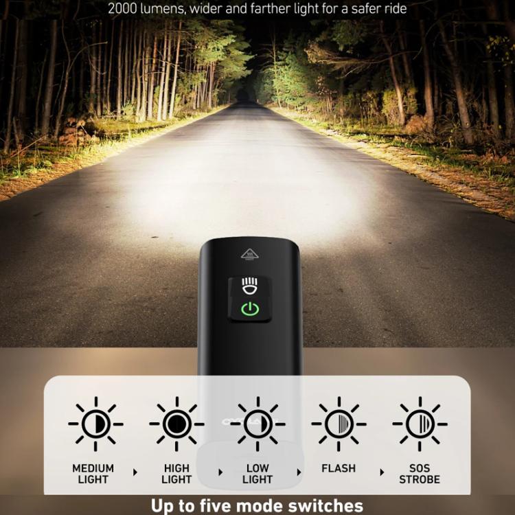 Rechargeable bike headlight with power button and mode switch panel at front