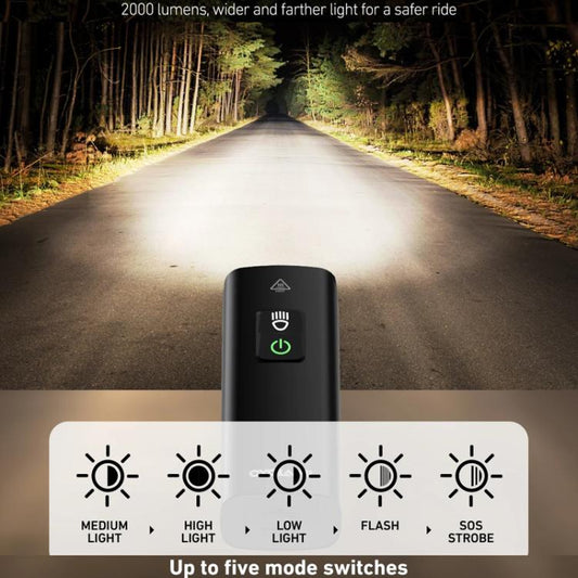 Rechargeable bike headlight with power button and mode switch panel at front