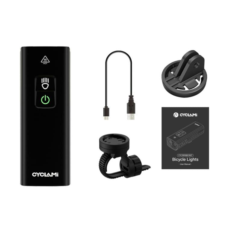 Bike headlight kit: rechargeable light, handlebar mount, charging cable, and accessory box
