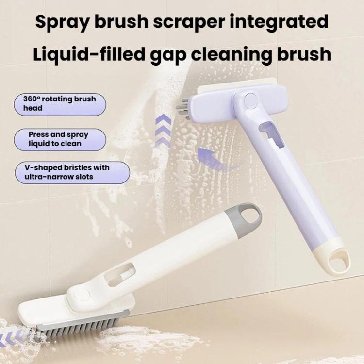 Liquid-filled gap cleaning spray brush with V-shaped bristles and rotating head