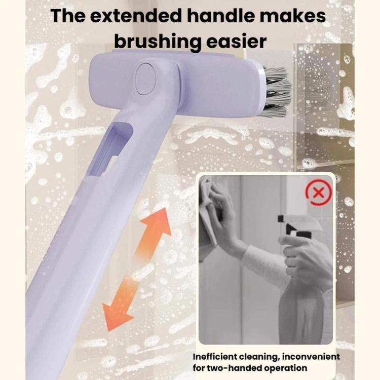 Purple extended-handle spray brush with rotating head for grout and gaps