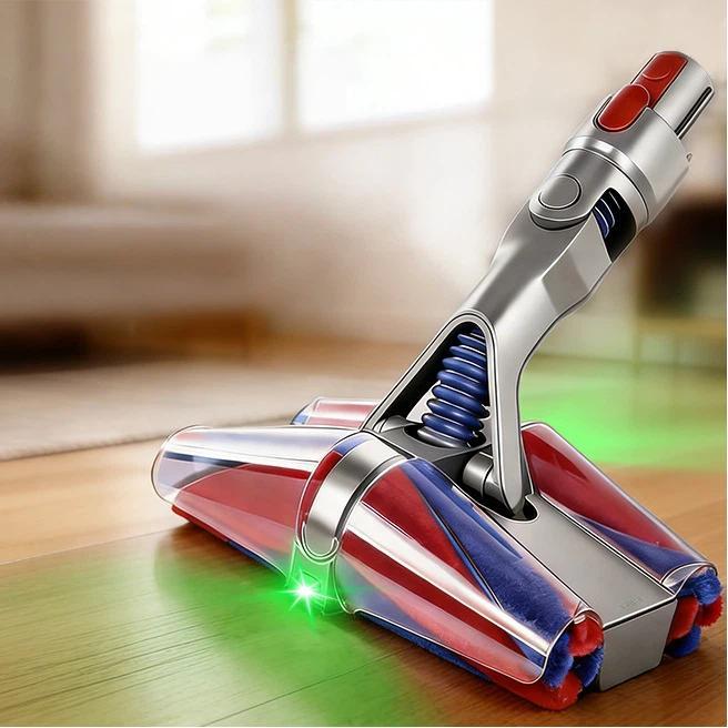 Cordless vacuum conical fluffy roller brush head with green LED dust illumination