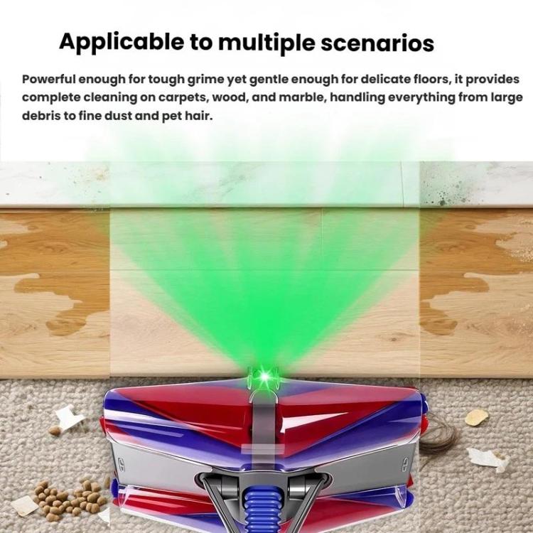 Vacuum roller brush head with green LED beam for dust pickup on carpet