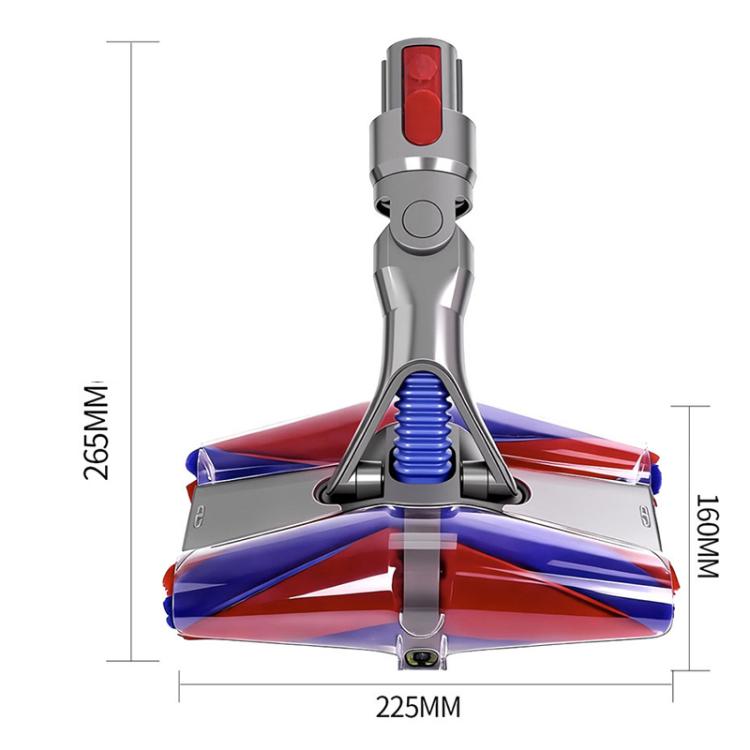 Vacuum roller brush head dimensions view with red and blue roller housing