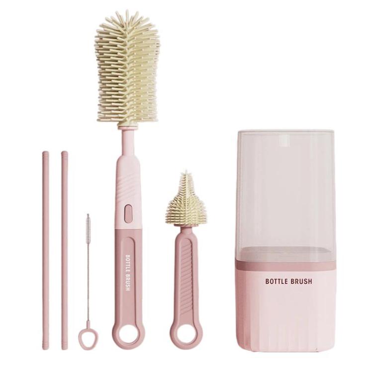 Pink bottle and cup cleaning brush set with straight handle and bristle heads