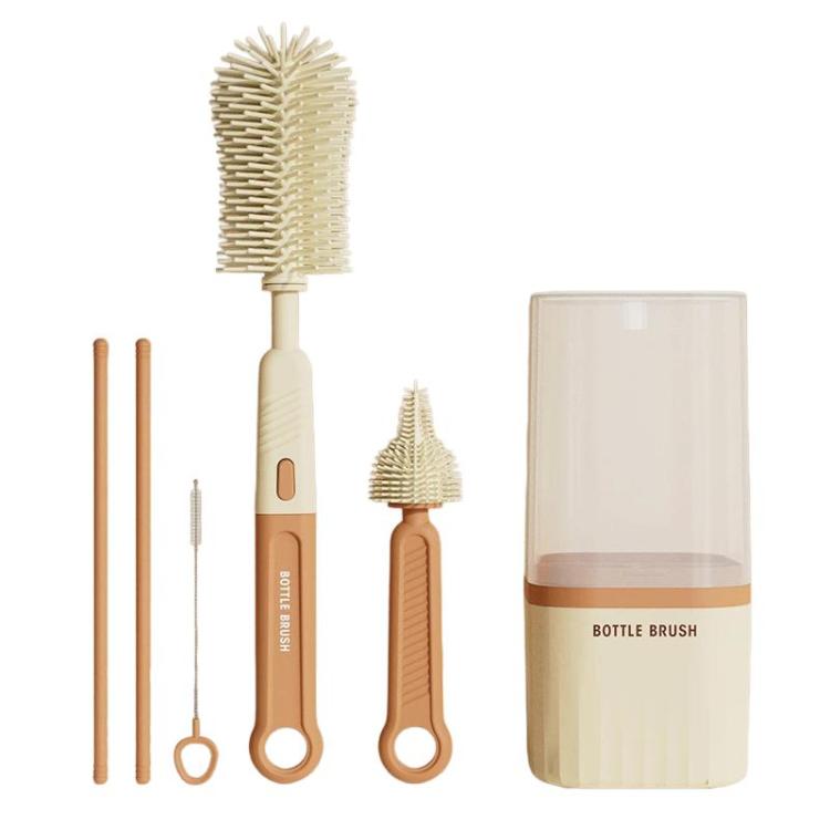 Orange bottle and cup cleaning brush set with straight handle and bristle heads