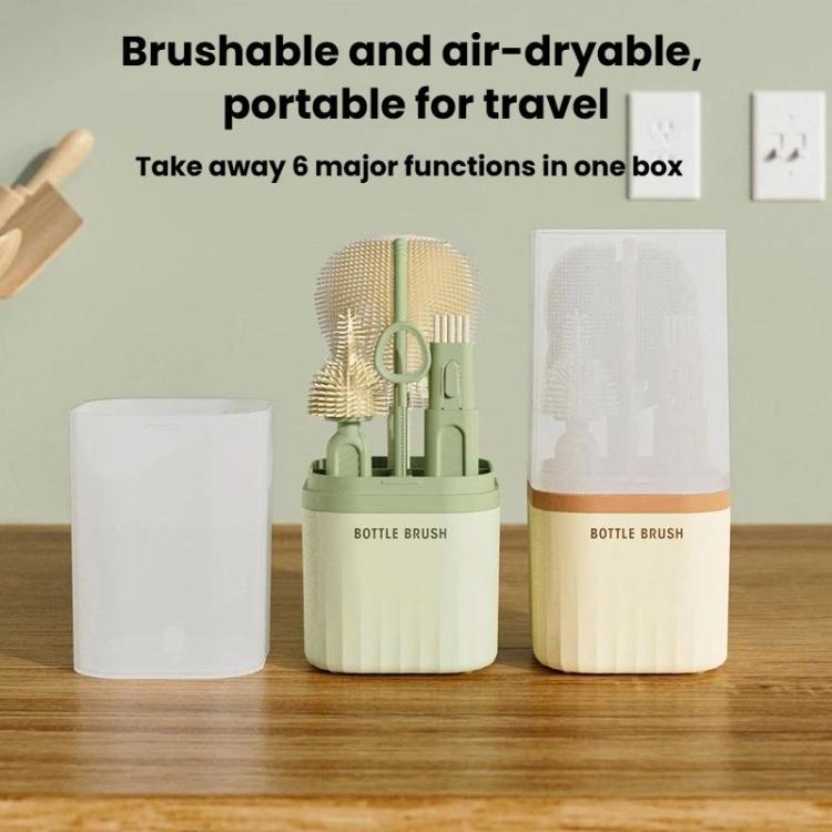 Portable bottle brush set with silicone handles and storage case, shown in green and orange