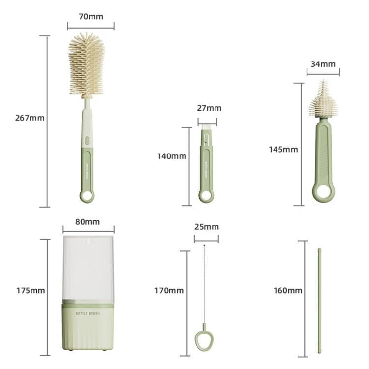 Bottle brush set with three brush sizes and clear storage sleeve shown with dimensions