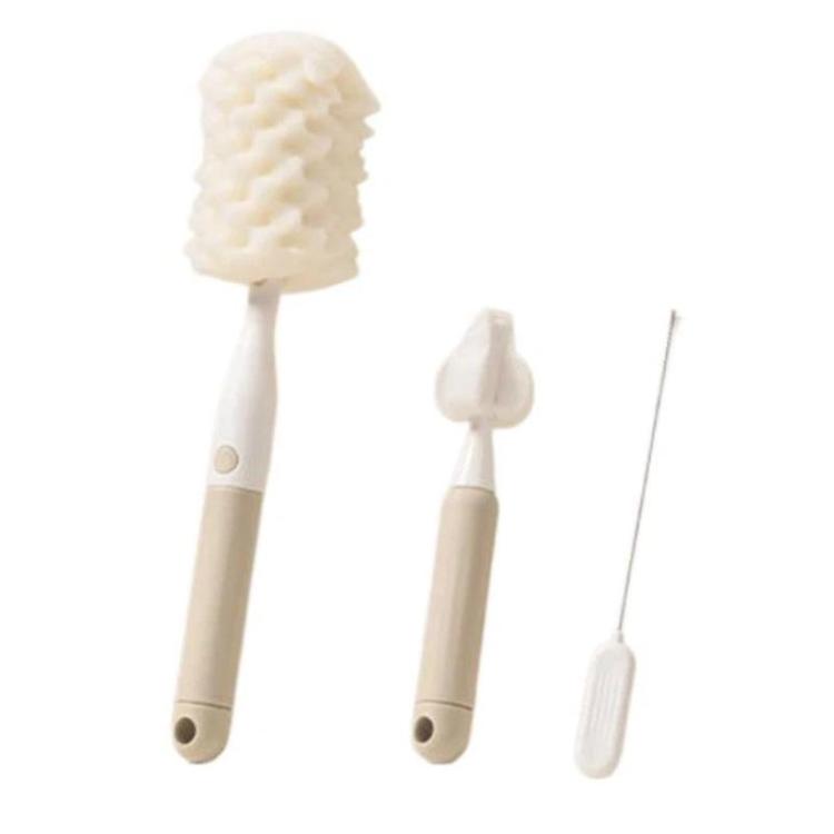 Cleaning brush set with straight handle bottle brush heads and narrow tube brush, cream.