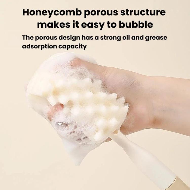 Sponge bottle brush head with porous texture for scrubbing inside bottles.