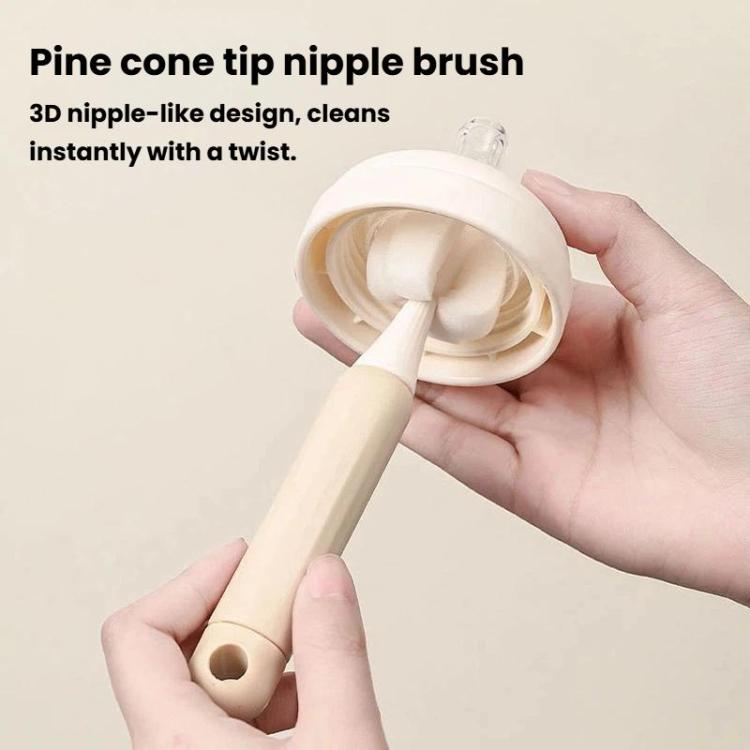 Cone-shaped nipple brush with twisted tip for cleaning narrow openings.