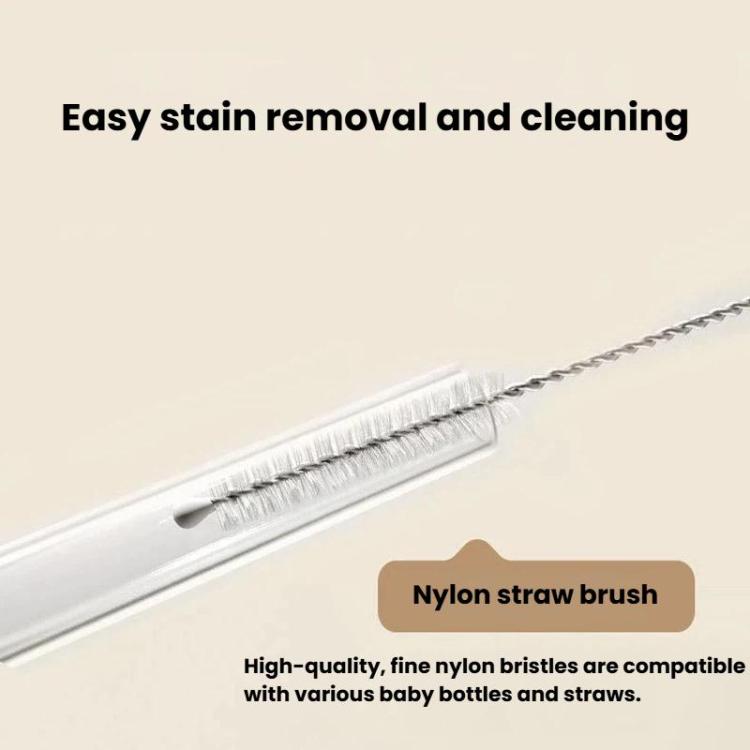 Nylon straw brush with fine bristles for cleaning straws and bottle tubes.