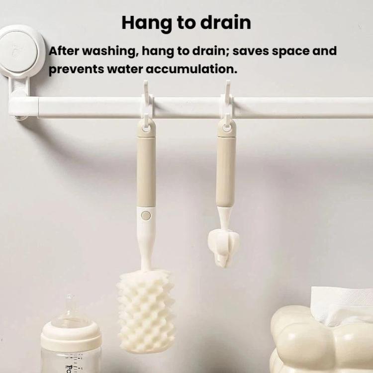 Hanging bottle brush set with straight handles and sponge heads for draining.