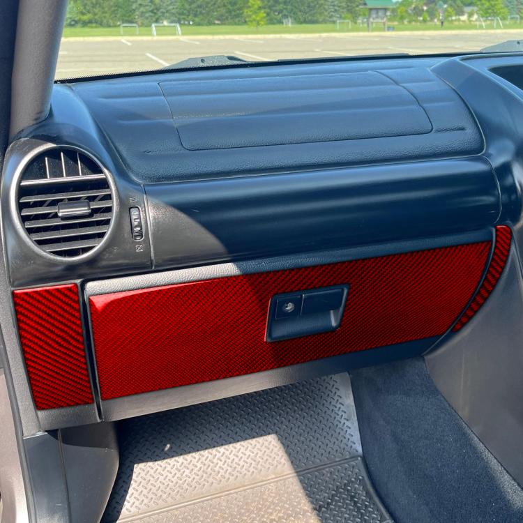 Installed 3-piece interior panel sticker set, red carbon-fiber door trim with handle cutout