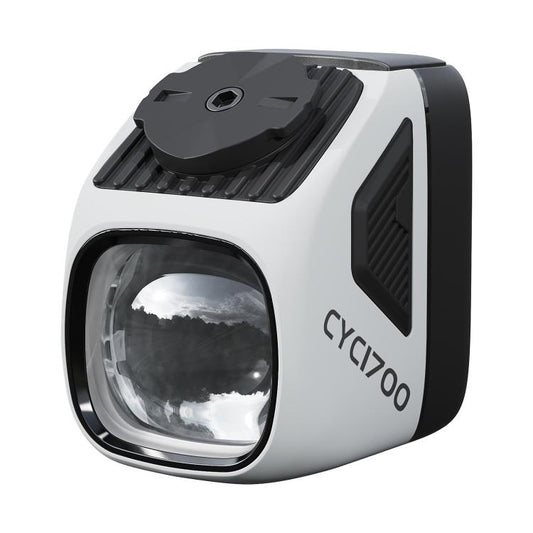 Bicycle remote headlight flashlight with white body and black front light housing.