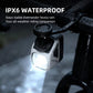 Waterproof bicycle headlight flashlight with raindrops on handlebar-mounted unit.