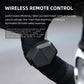 Wireless remote control key fob with buttons next to mounted bicycle headlight.
