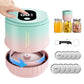 Electric vacuum sealer with open lid showing vacuum ring, teal and pink