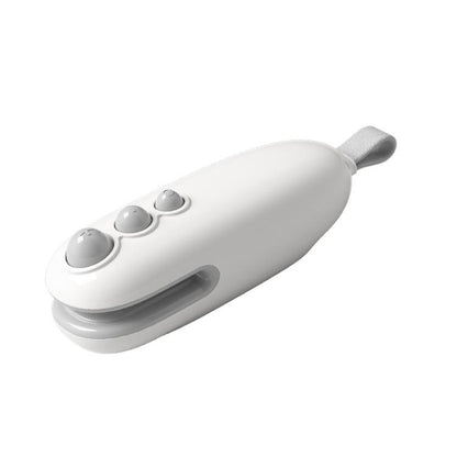 Rechargeable mini bag sealer, white handheld device with sealing controls and handle.