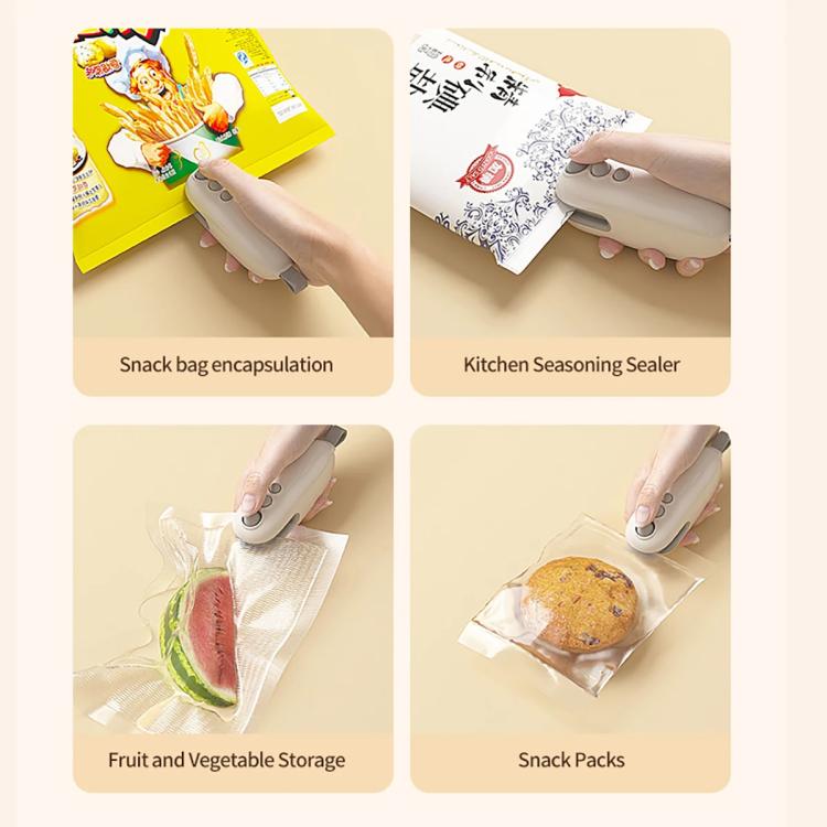 Mini bag sealer used on different food pouches, sealing snack and produce bags.