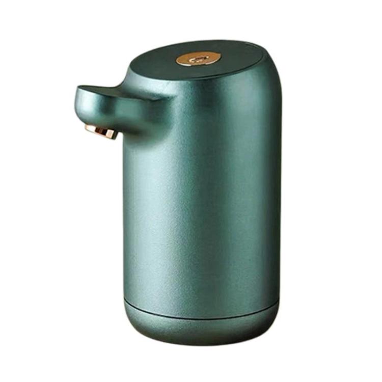 Automatic water bottle pump dispenser, dark green metallic body with angled outlet nozzle