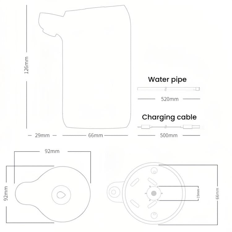 Automatic water bottle pump dispenser dimensions diagram with measurements for main unit