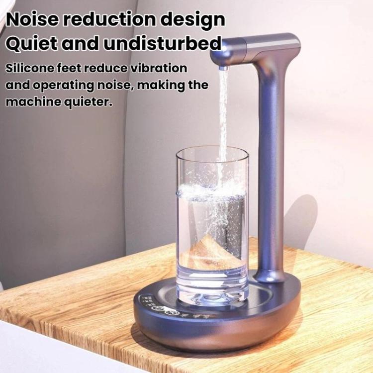 Grey electric water dispenser pump dispensing into a clear glass cup