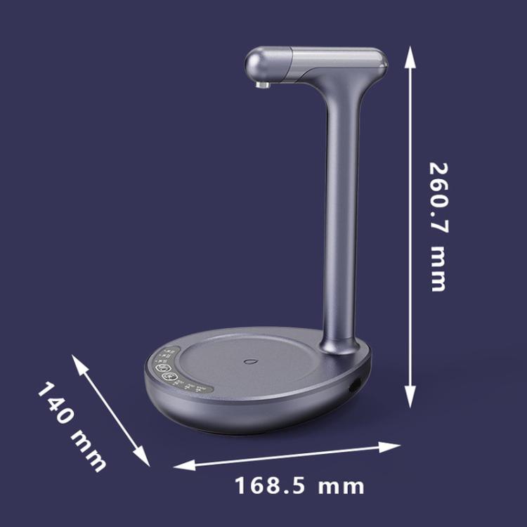 Grey rechargeable automatic water pump dispenser, top spout and base dimensions
