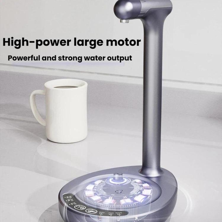 Grey electric water dispenser pump with display window and white mug