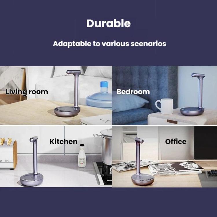 Portable automatic water dispenser pump, grey, shown dispensing on countertop