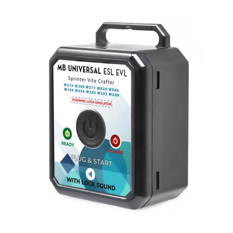 Steering lock emulator device with handle, power and ready buttons, and plug & start panel