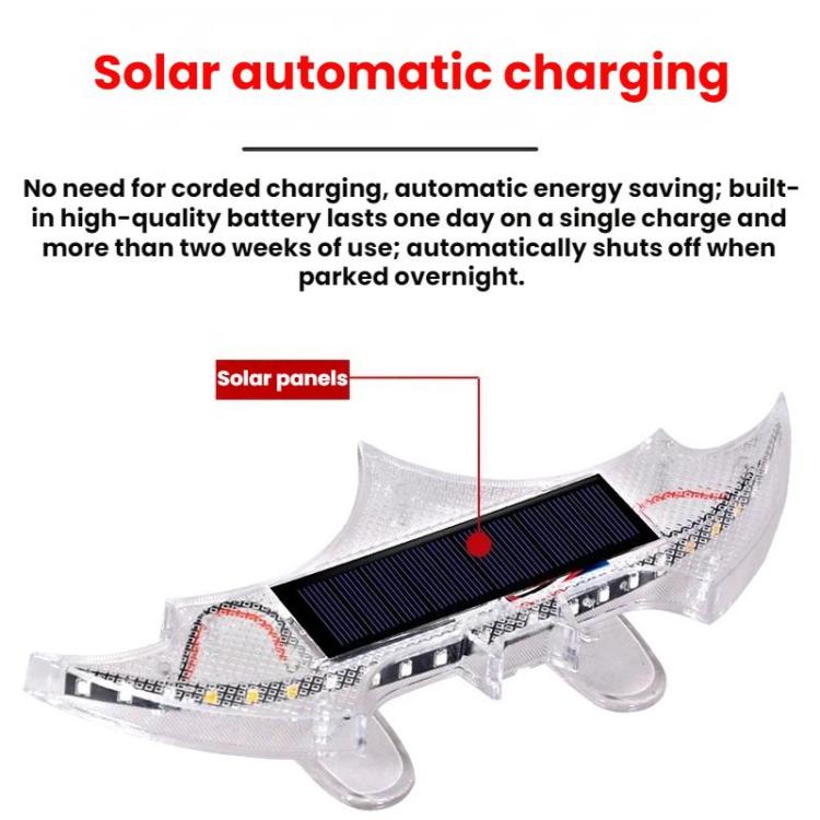 Solar-powered rear wing light with solar panel for automatic charging; bat-shaped